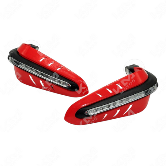 Protector de puños KM Motos con luces LED rojas direccionales, resistente y ideal para motociclistas.