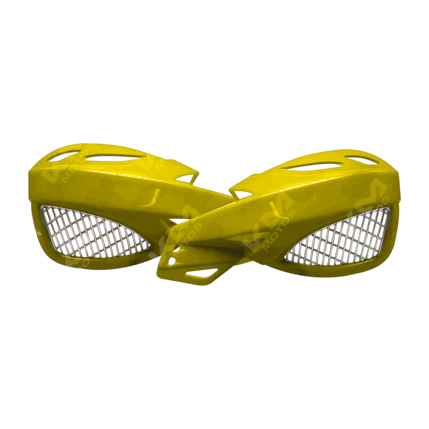 Protector de punos de plástico con diseño amarillo de KM Motos, resistente y duradero para protección de puños en motos.