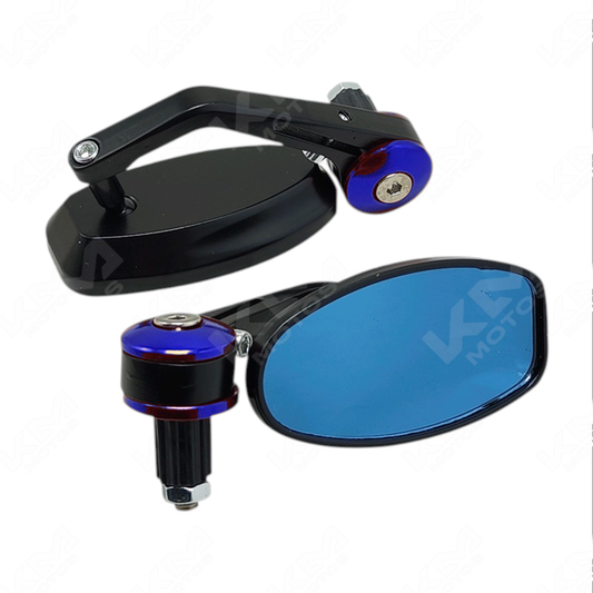 Set de retrovisores ovalados de contrapesa azul KM Motos, accesorios para motos, con acabado resistente y diseño clásico.