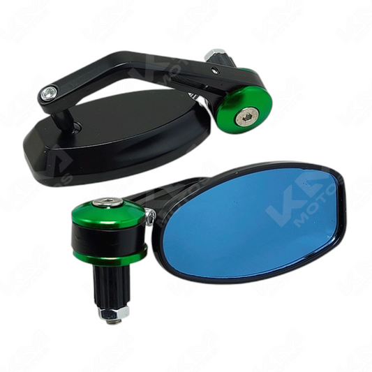 Conjunto de retrovisores ovalados de contrapesa verdes de la marca KM Motos para motocicleta, visibles en la imagen.