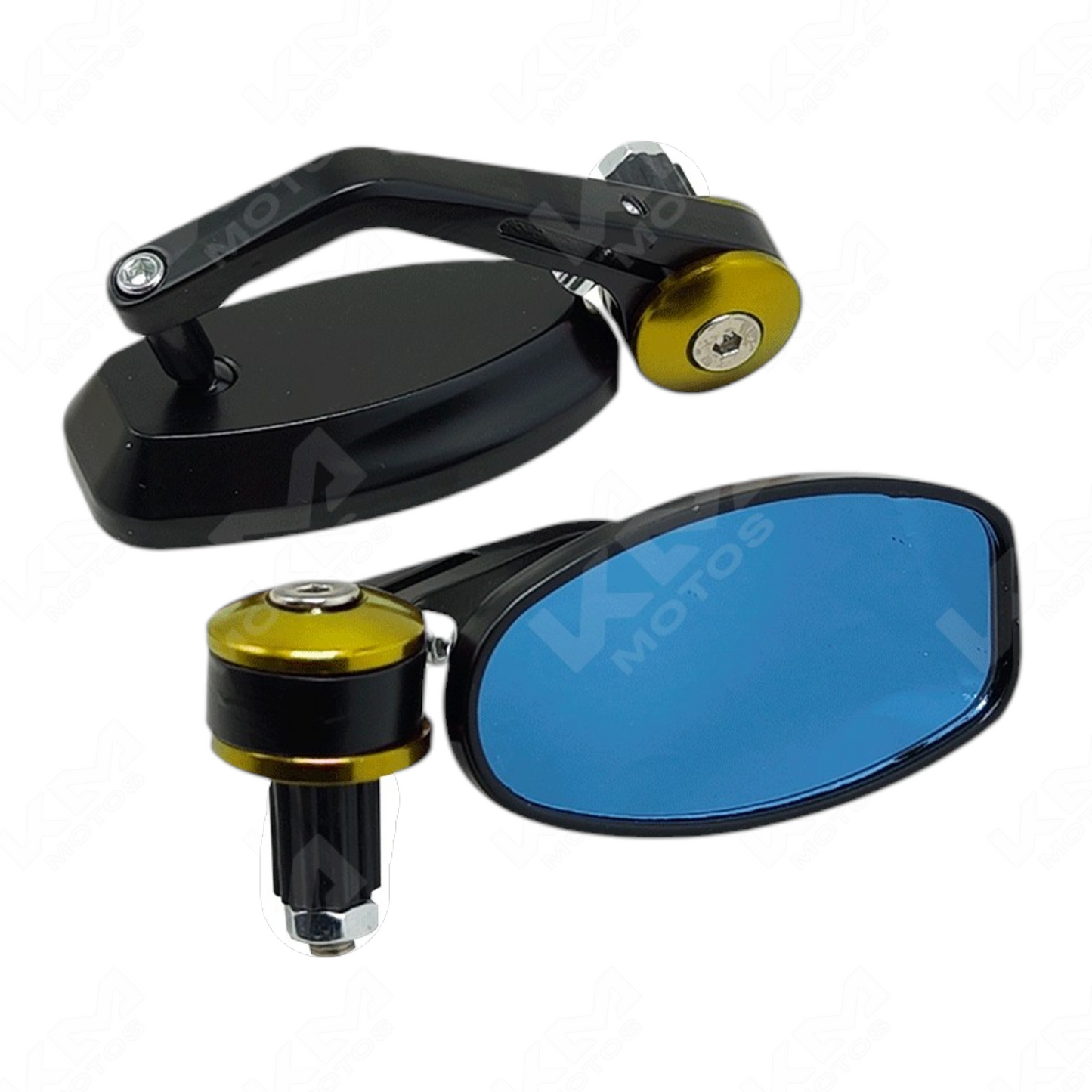 Conjunto de retrovisores ovalados de contrapesa amarillos de KM Motos, visibles en la imagen, ideales para motocicletas.