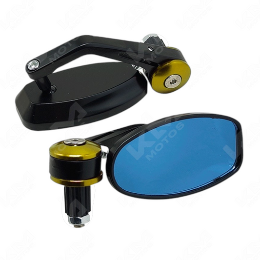 Conjunto de retrovisores ovalados de contrapesa amarillos de KM Motos, visibles en la imagen, ideales para motocicletas.