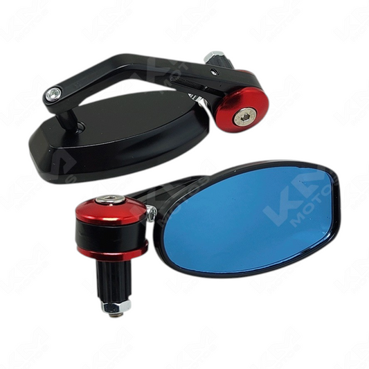 Conjunto de retrovisores ovalados de contrapesa rojo de KM Motos, perfectos para motocicletas.
