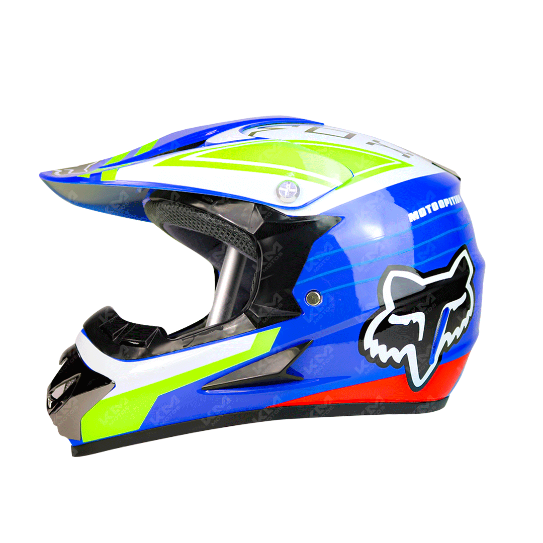 Casco de cross KMS Fox azul y multicolor, diseño deportivo, en varios tamaños para motocross y ciclismo.