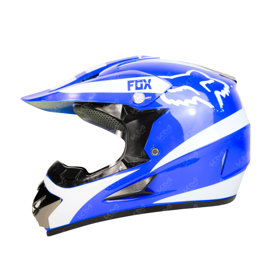 Casco cross KM Motos Fox multicolor con diseño, en varios tamaños, protección y estilo para motocross.
