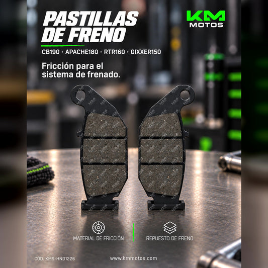Pastillas de freno traseras KM Motos para CB190, Apache 180, RTR 160, Gixxer 150 y Honda Hornet 160, en la imagen.