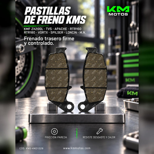 PASTILLAS DE FRENO PASTILLAS DE FRENO KMFZX200L/TVS/APACHE/RTR160/RTR180/VORTX/ZX200L/SPILSER/LONCIN (M.N) TRASERAS KMS — KMS-HND1228 | KM Motos