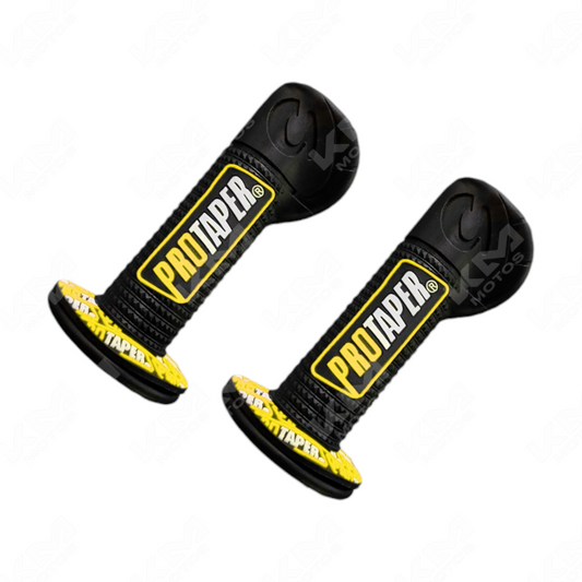 Peces protapers negros y amarillos KM Motos, estilo pepés de timón con acabado en colores vibrantes, para motocicletas.