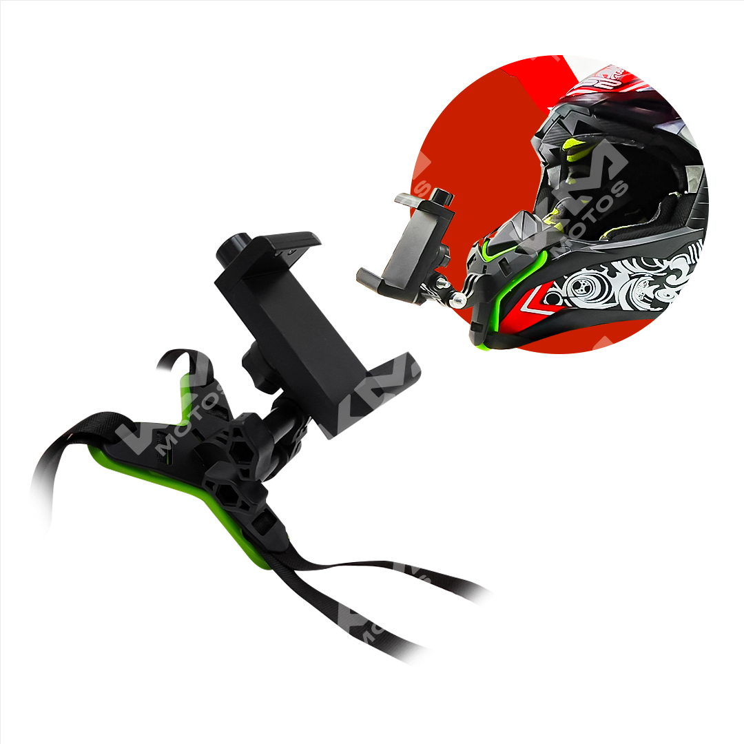 Soporte de teléfono para casco KM Motos, diseñado para sujetar el teléfono de forma segura en cascos de motocicleta.