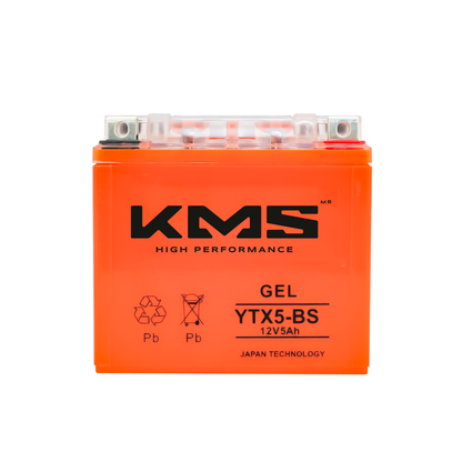 Batería de gel KM Motos YTX5-BS, vista frontal mostrando terminales y etiqueta de capacidad, para motocicletas.