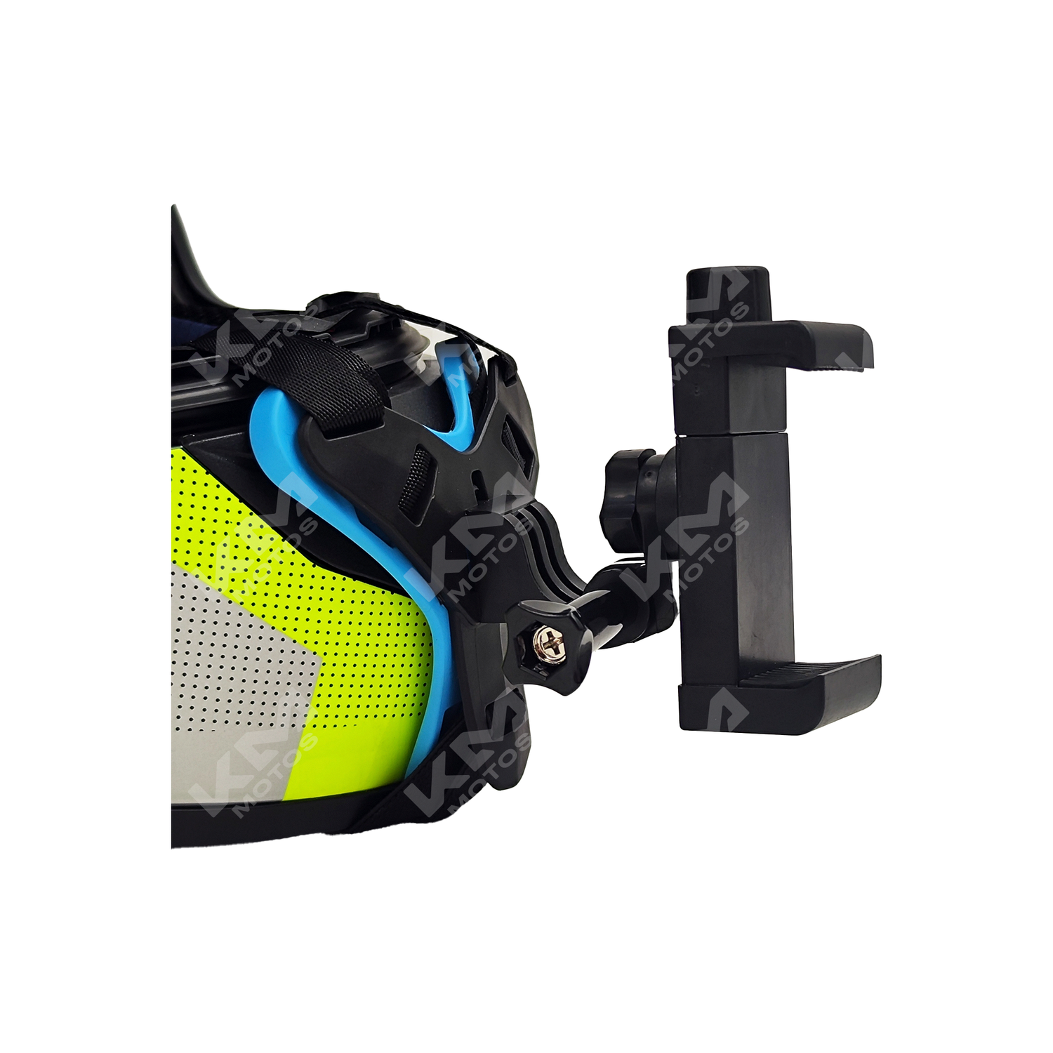 Soporte de teléfono para casco KM Motos JD01, resistente y ajustable, en color negro, diseñado para montar en cascos de motocicleta.