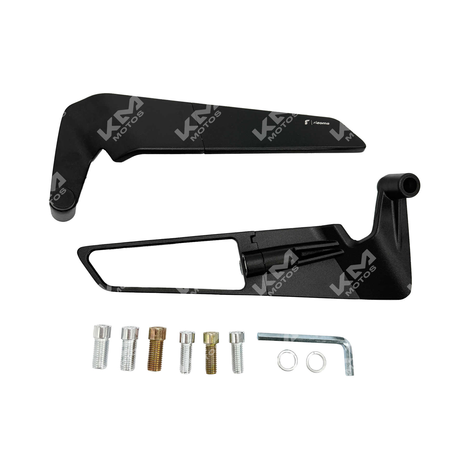 Conjunto de retrovisores KMS de estilo retrovisor de alerón, en color negro, para motocicletas deportivos.