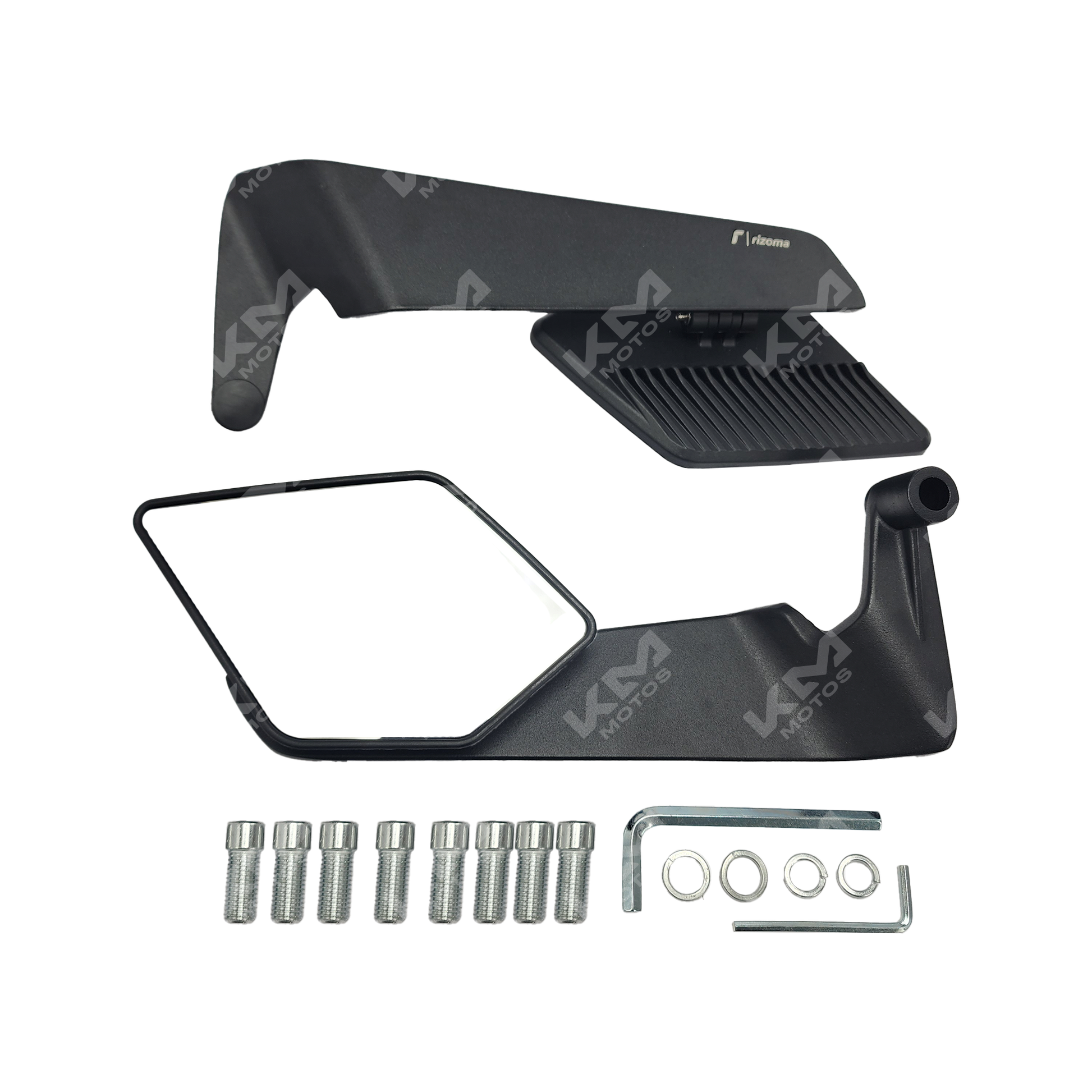 Retrovisor de alerón Rizoma V2 KMS, en color negro, con diseño aerodinámico y detalles de alta calidad para motocicletas.