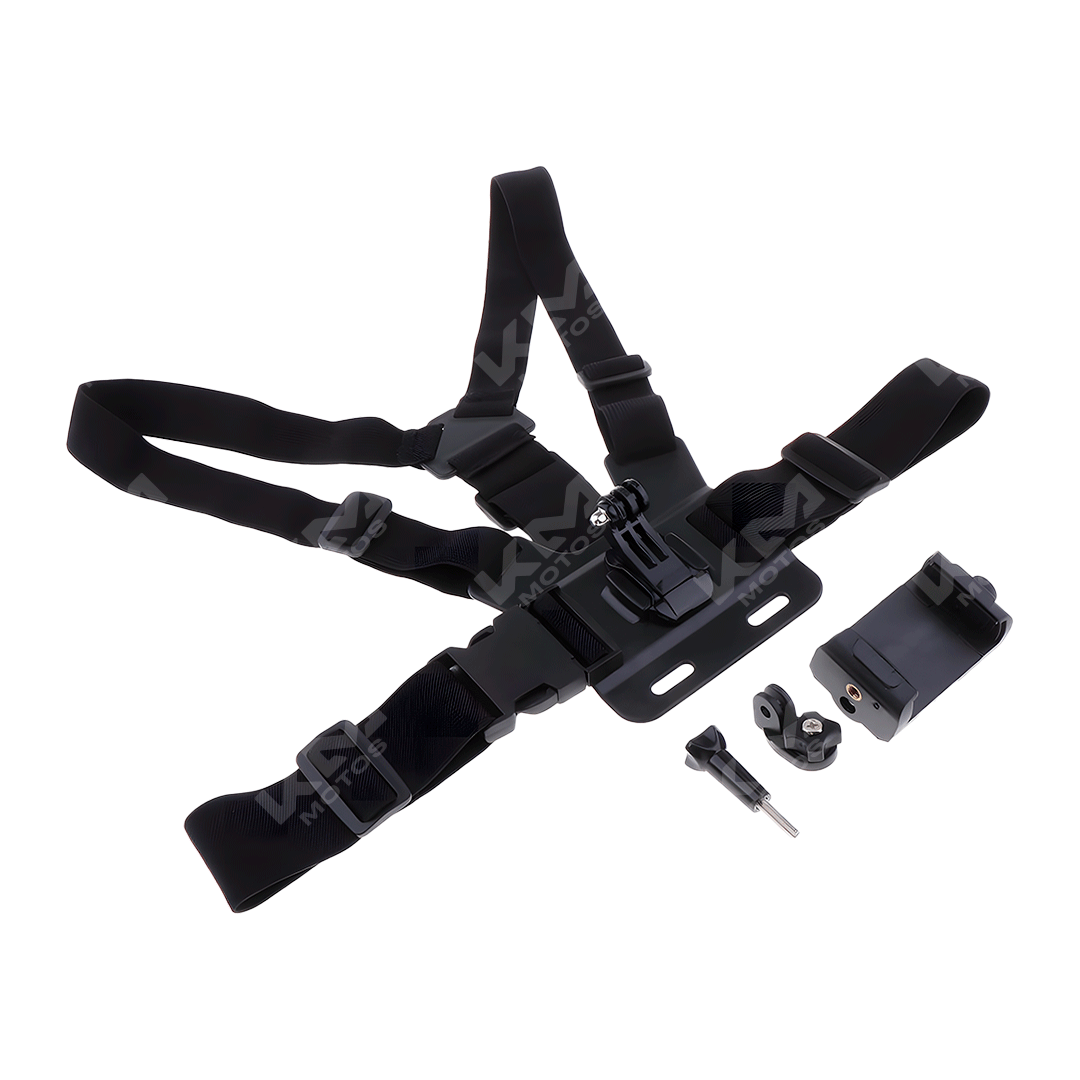 Soporte para teléfono de pecho KMS, ajustable y resistente, ideal para actividades deportivas o uso en exteriores.