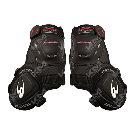 Rodilleras de racing negras con sliders KMS, protección y soporte para deportes de velocidad y competición.