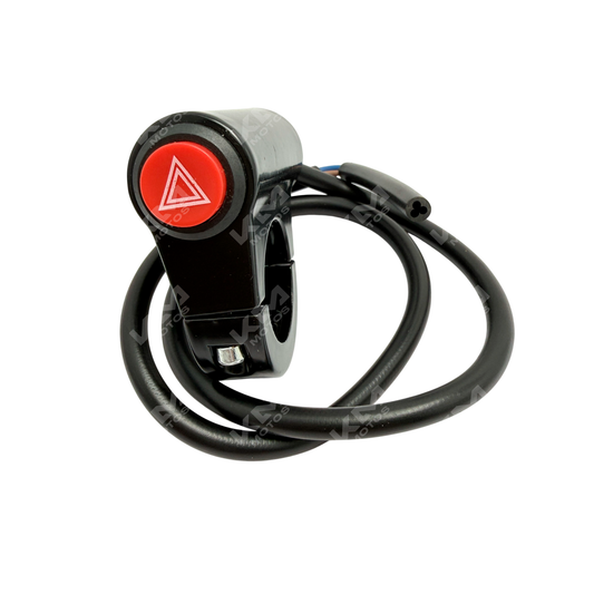 Interruptor de intermitentes universal de KM Motos, con botones y cables visibles para motocicleta.