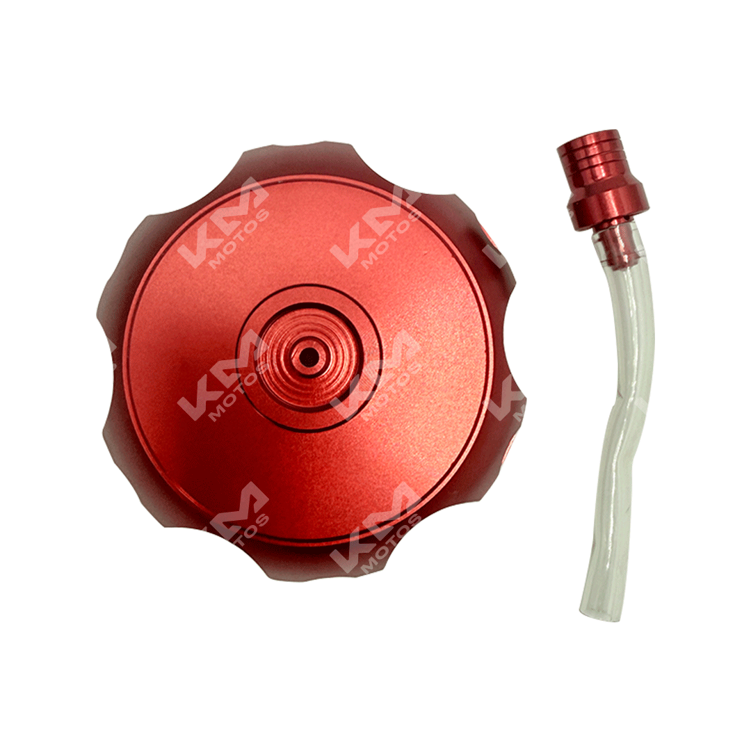 Tapón de tanque universal rojo con válvula de ventilación KMS, para protección y control del flujo de líquidos.