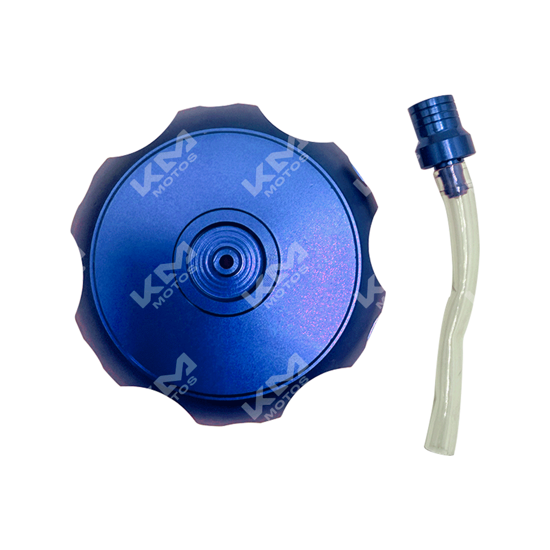 Tapón de tanque universal KMS con válvula de ventilación azul, diseñado para sellar y ventilar tanques de manera eficiente.