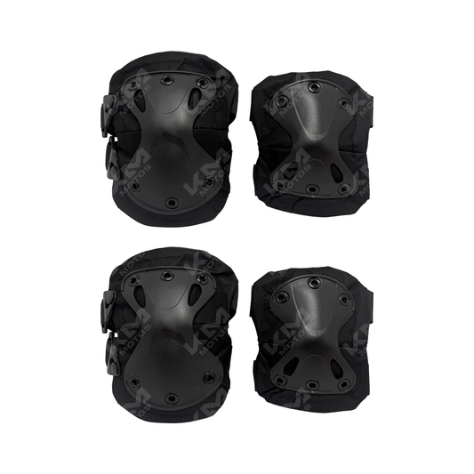 Rodilleras y coderas KMS Motos, equipo de protección de alta calidad para motociclistas, en color negro con detalles resistentes.