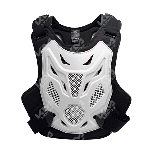 Chaleco protector de pecho para motocross KMS en color blanco, diseño anticaídas, material resistente y ajustable para mayor seguridad.