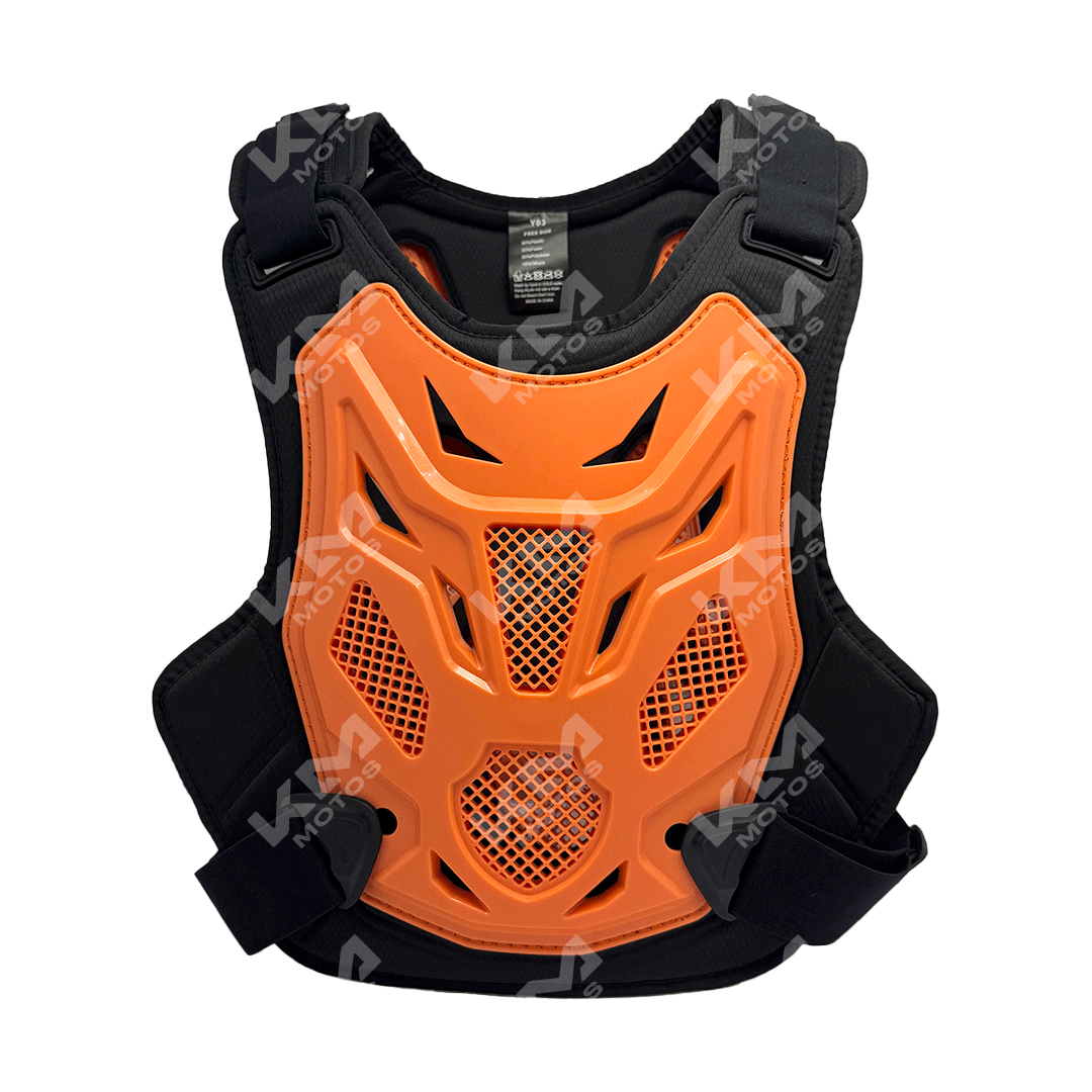 Chaleco protector de pecho para motocross anticaídas de color naranja de la marca KMS, con protecciones resistentes y diseño ergonómico.