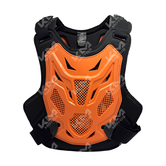 Chaleco protector de pecho para motocross anticaídas de color naranja de la marca KMS, con protecciones resistentes y diseño ergonómico.