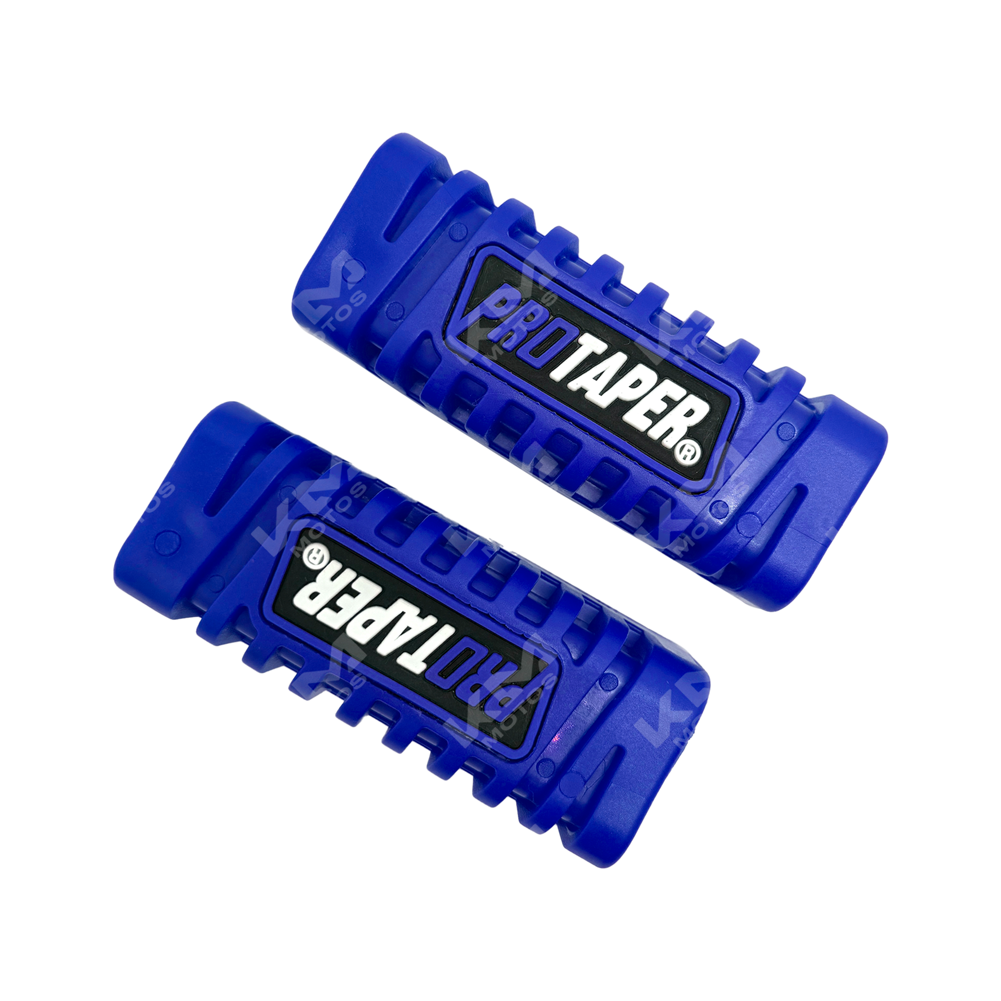 Hule de estribos ProTaper azul de KMS, protección resistente para motocicletas, visible en la imagen.