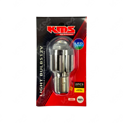 Luz LED de dos colores amarillo y blanco con dos contactos, lupa KMS de KMMOTOSHN, vista de la luz encendida.