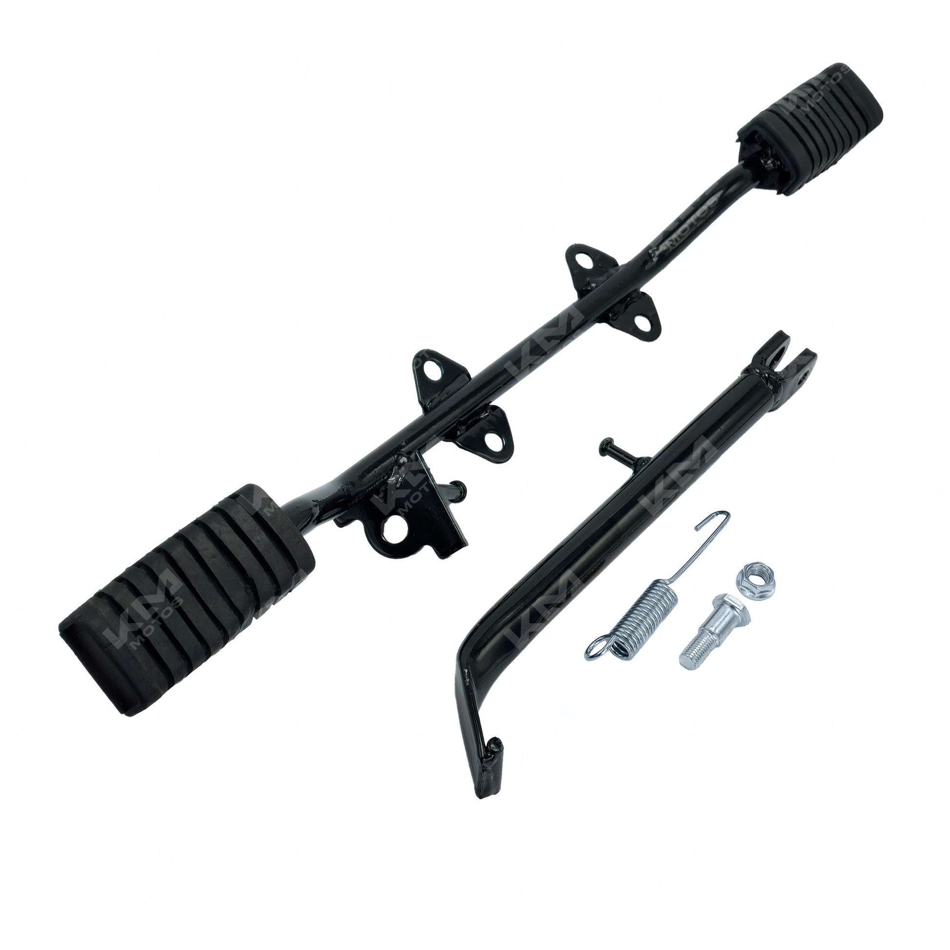 Base de estribo completa para motocicleta CG125, FT150, KB150 y BK150, de la marca KM Motos, en color negro.