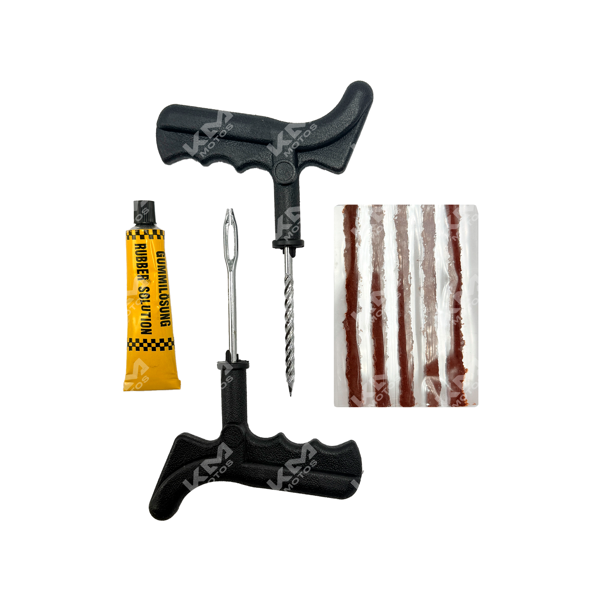 Kit de reparación de llantas KM Motos con herramientas y mechas para arreglar pinchazos en neumáticos.