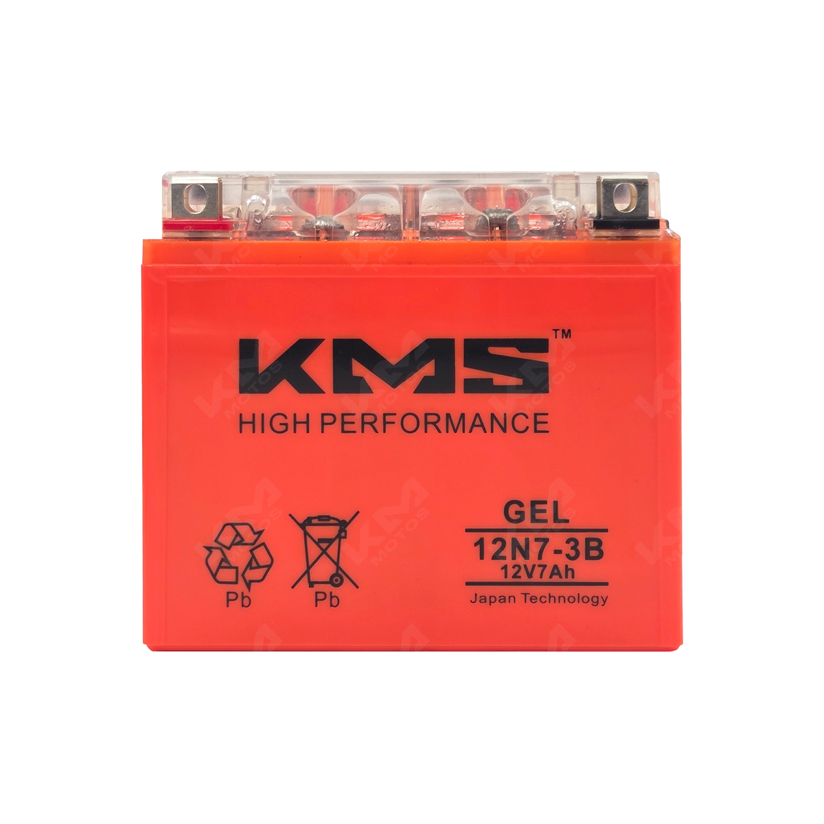 Batería de gel KMS 12N7-3B, vista lateral, con terminales y carcasa resistente, adecuada para vehículos y sistemas de energía.