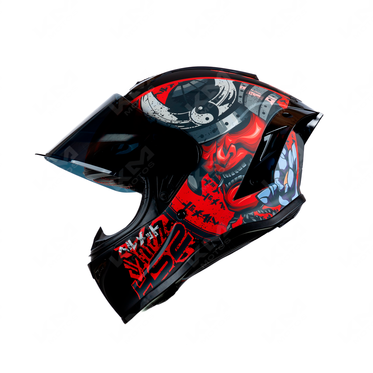 Casco integral negro y rojo Samuray WLT109 HS2 D.V. con visera oscura, tamaño XL, marca KM Motos, para motociclistas.