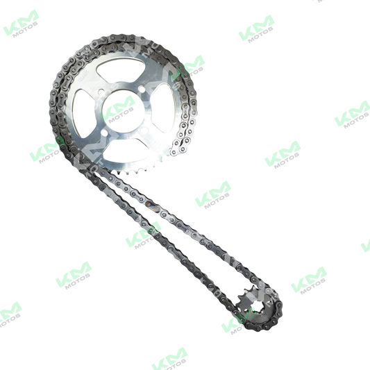 Kit de tracción KMS 42T/14T para HJ125-7, HJ150-9 y TX200, mostrando las cadenas y componentes de tracción.