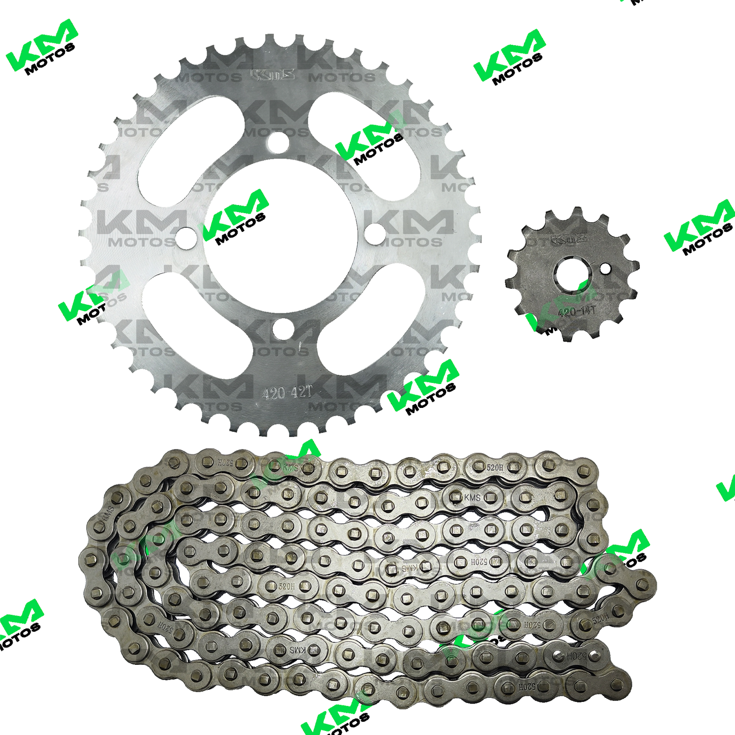 Kit de tracción Crux110 Revo KMS con cadena y componentes de arrastre para motos, 42T-14T, 420H-132L, resistente y duradero.