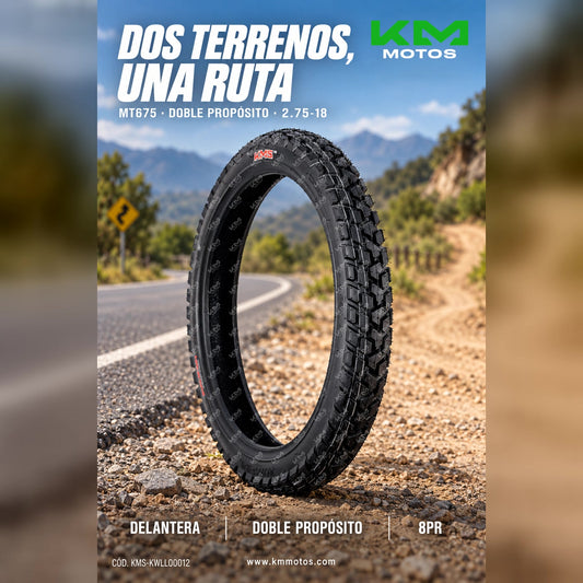 Llanta delantera KMS 2.75-18 doble propósito dual sport, neumático off-road para motocicletas.