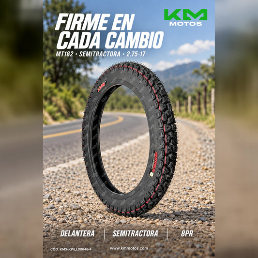 Llanta delantera 2.75-17 para tractor semitractor, marca KM Motos, con banda de rodadura Runner y estructura resistente.