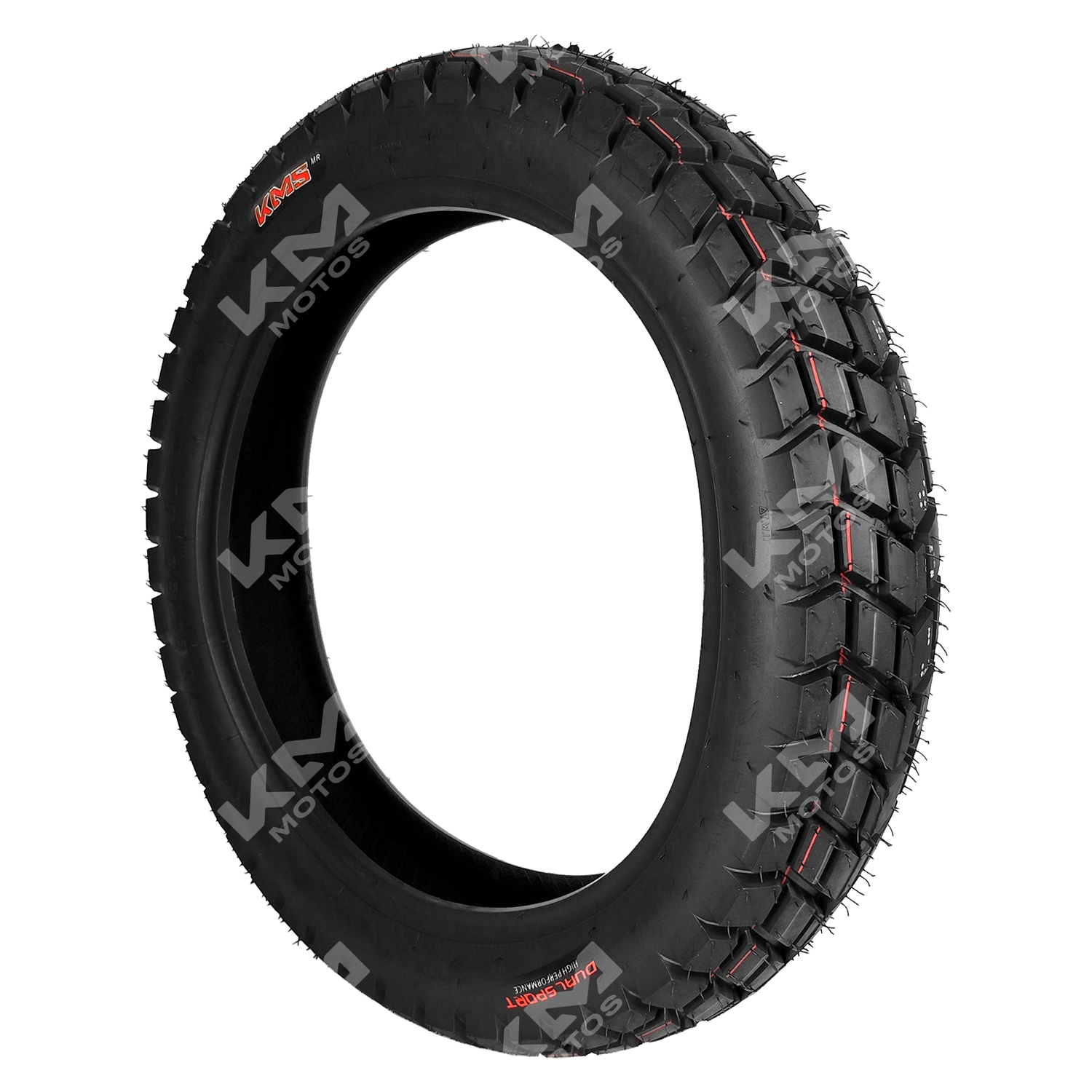 Llanta KMS 110/90-17 para doble propósito, neumático dual sport con estructura resistente y diseño para motocicleta.