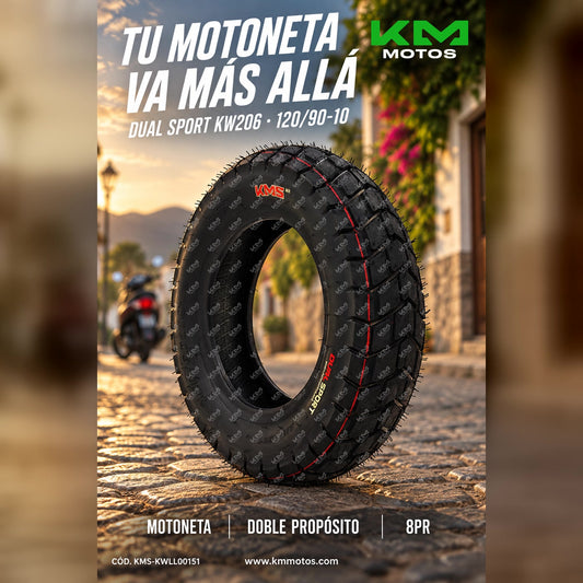 Llanta KMS 120/90-10 doble propósito para scooters y motonetas, resistente y ideal para uso dual sport, con perfil robusto.