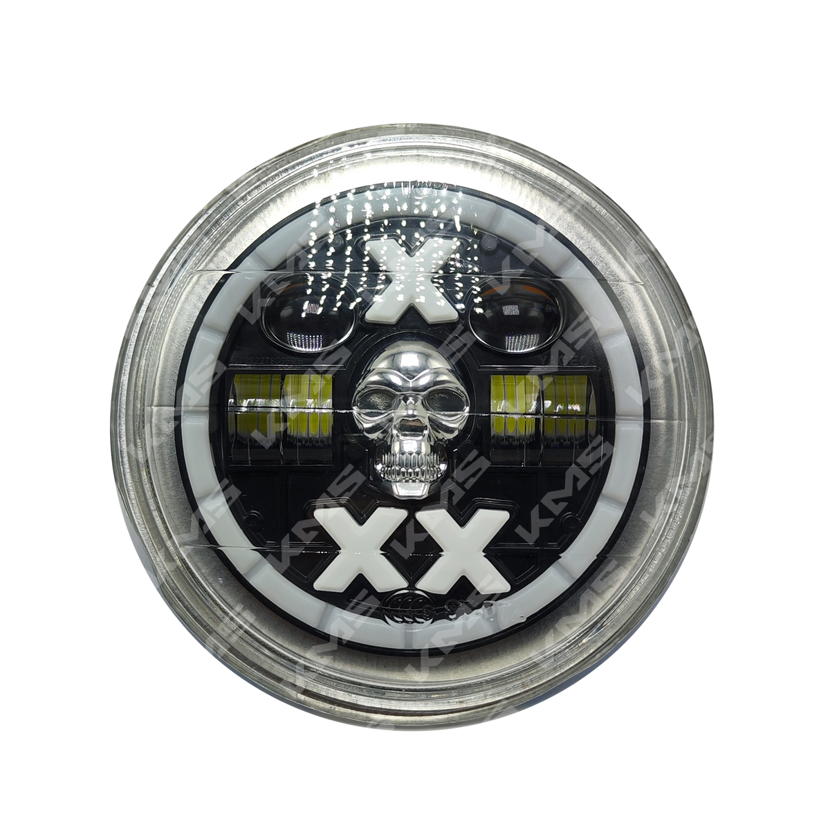 Luz principal LED redonda de 6 pulgadas de la marca KM Motos, modelo PRIME01 KMS, adecuada para motocicletas.
