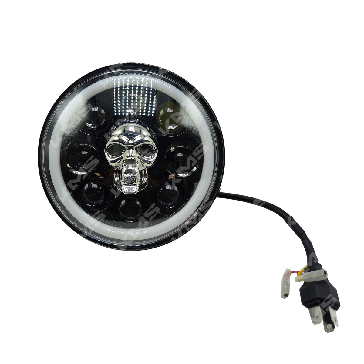 Foco principal LED redondo de 7 pulgadas Prime05 KM Motos, luz brillante para motocicletas, con carcasa resistente y diseño compacto.