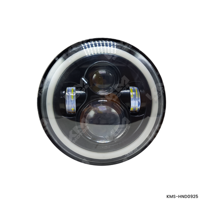 Luz LED de foco principal de 7 pulgadas y ojo de ángel de la marca KM Motos, instalada en una motocicleta.