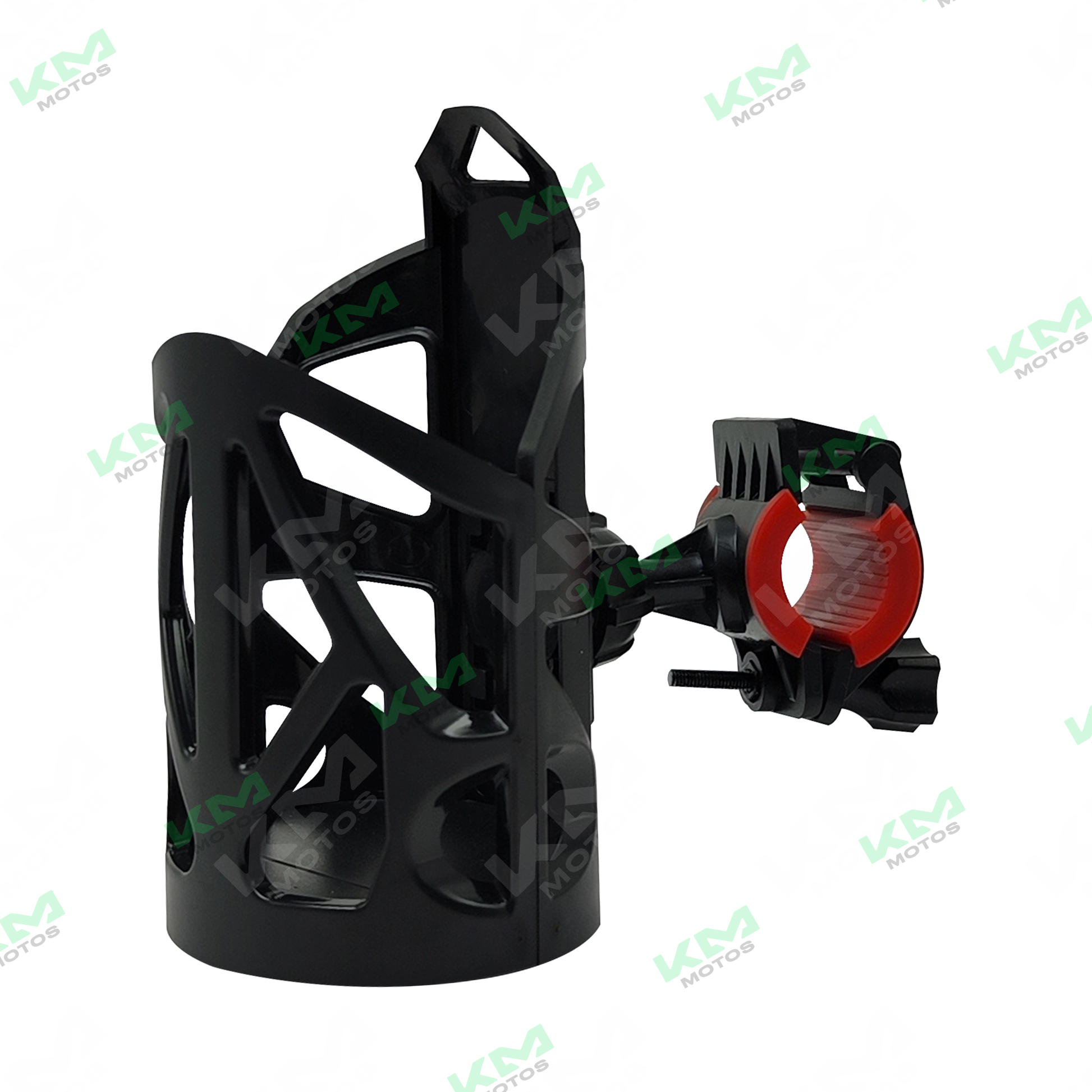 Porta vasos universal para moto KMS LS02 en color negro, con diseño resistente y práctico para viajes en motocicleta.
