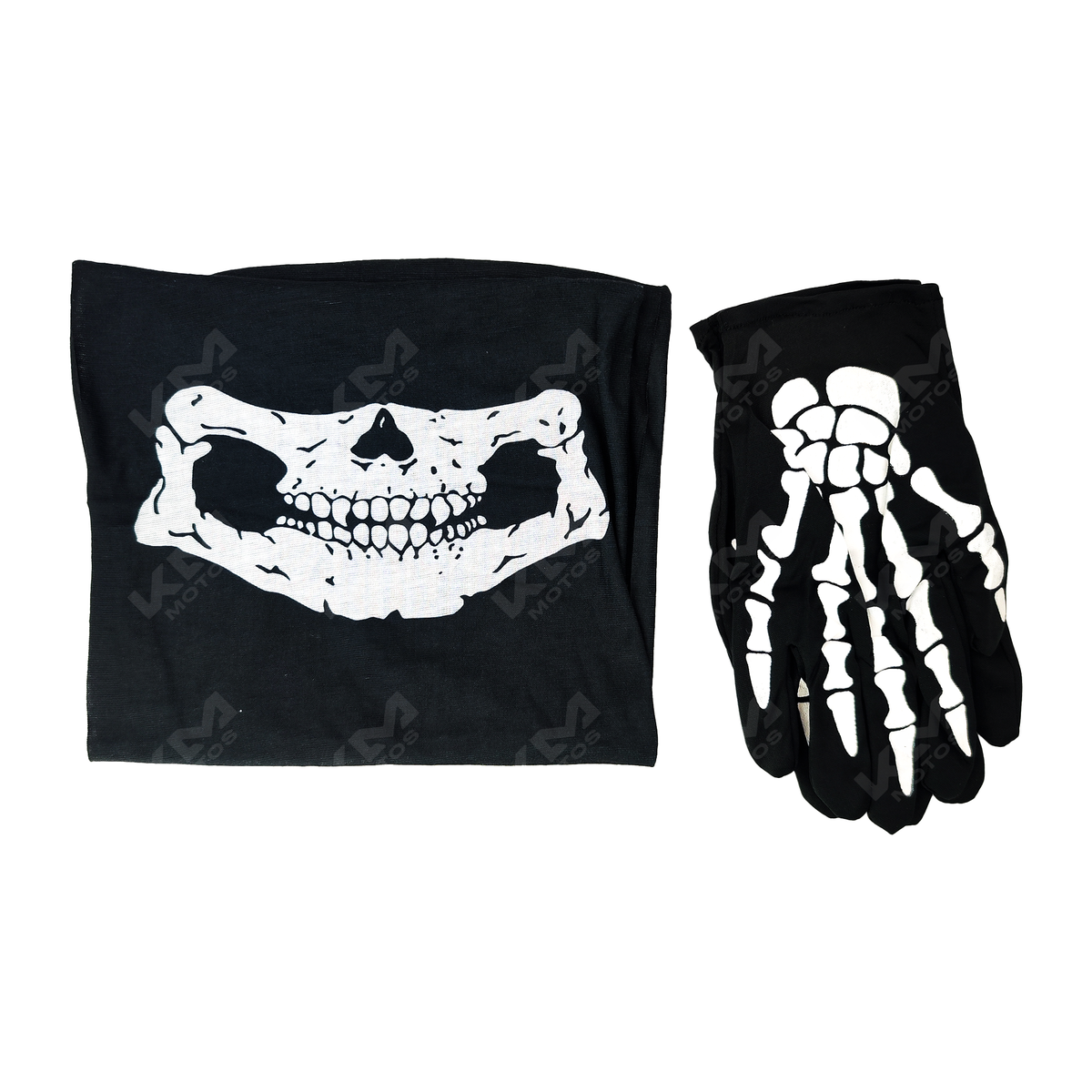 Guantes de motocicleta KM Motos con pasamontaña calavera en tela resistente y diseño estilizado para protección y estilo.