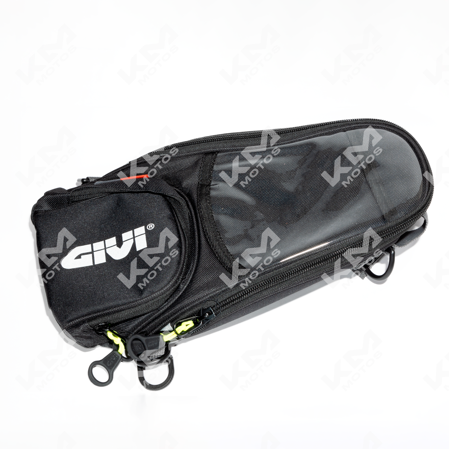 Bolso para tanque de motocicleta WaterProf Racing de KM Motos, resistente y de múltiples propósitos, en color negro con detalles blancos.