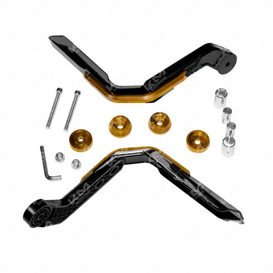 Protector de manecillas Racing Plus dorado de KM Motos, diseñado para protección de manecillas de motocicleta.