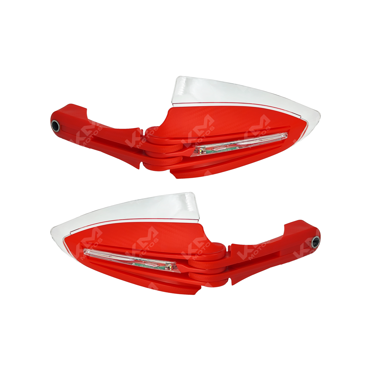 Protector de puños KM Motos con luz LED, diseño resistente y visible, ideal para motociclistas.