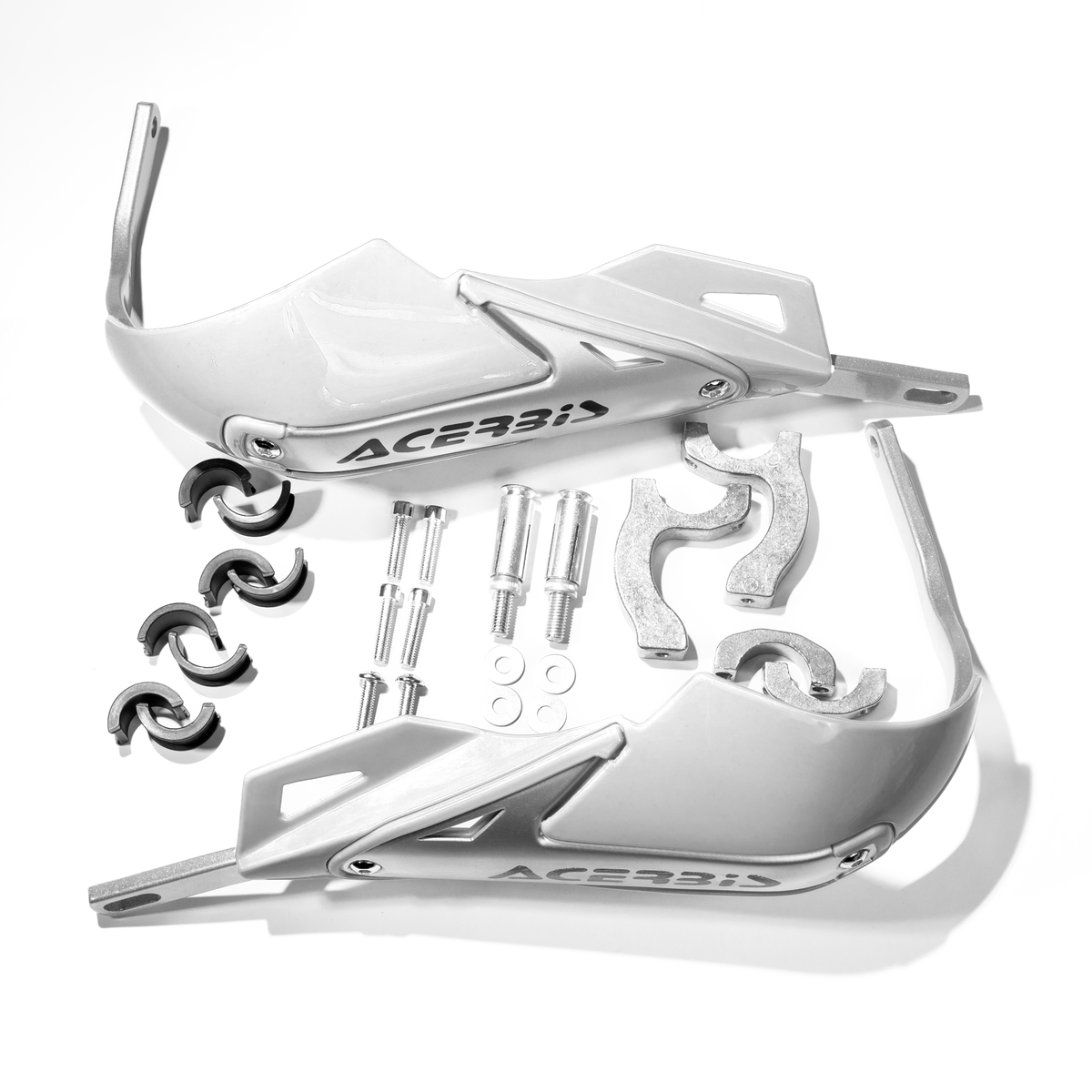 Protector de puños metálico Acerbis blanco para motos, con diseño resistente, ideal para proteger las manos en conducción.