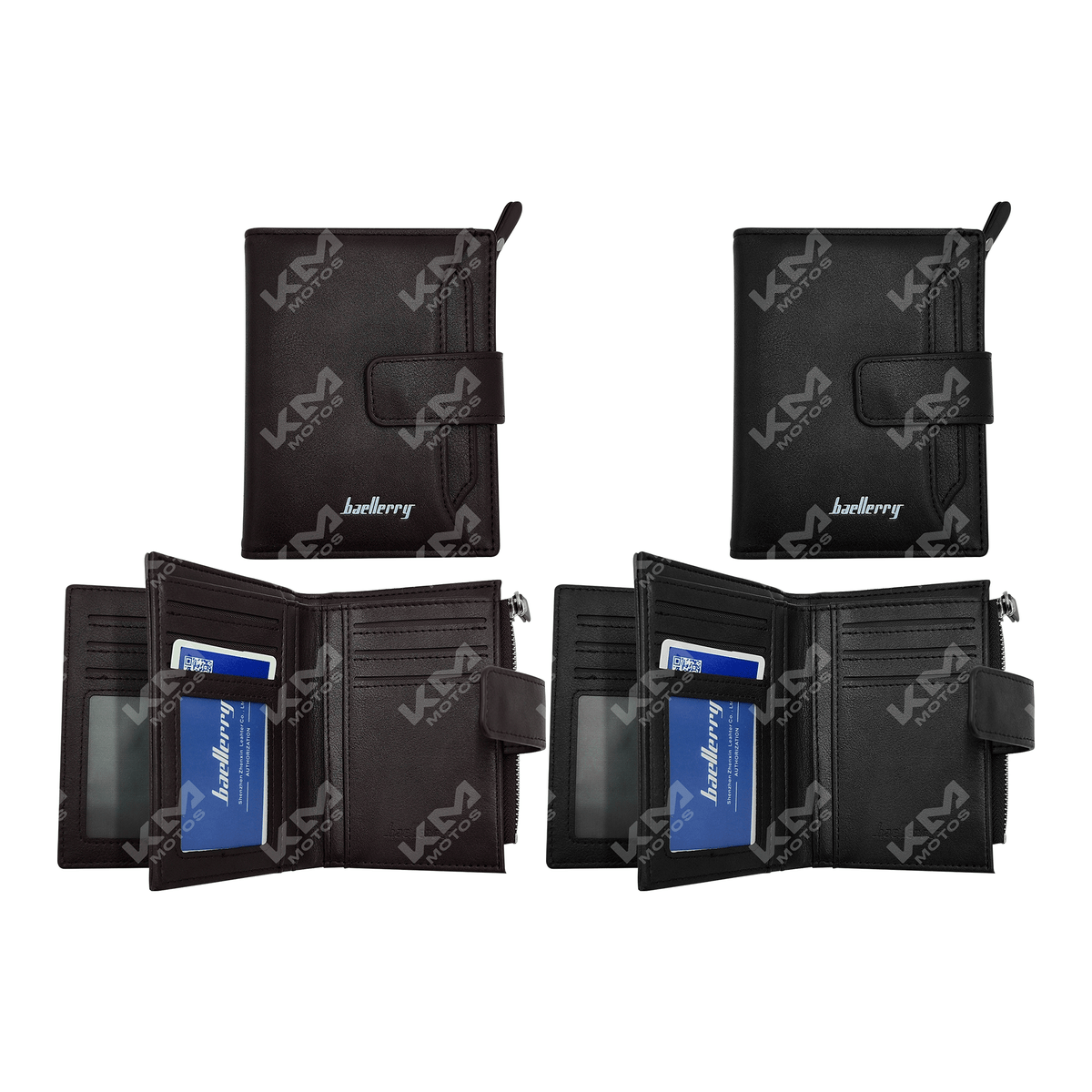 Billetera de cuero para caballero KM Motos, accesorios con compartimentos y diseño elegante en color negro.