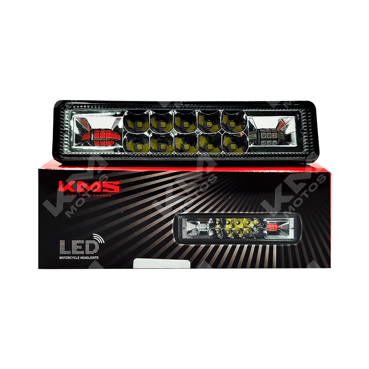 Luz LED barra Optimus LCS01 Escorta Flash de KM Motos, luz brillante y eficiente para motocicletas, vista frontal en imagen.