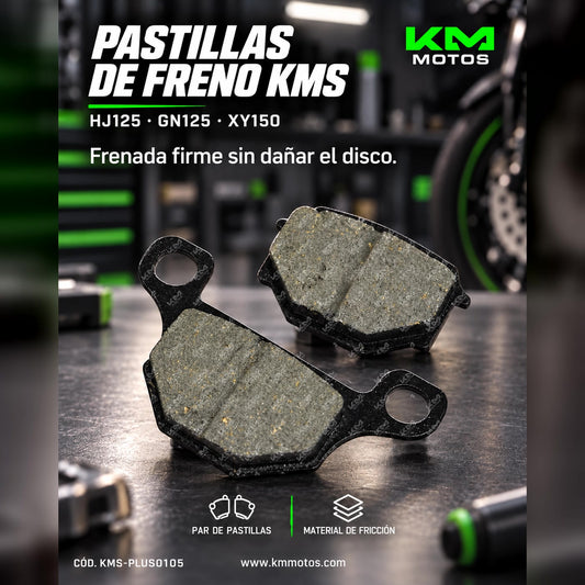 Pastillas de freno KM Motos para HJ125, GN125 y XY150 en una imagen que muestra las pastillas de freno.